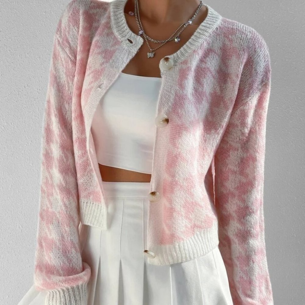 Pink Contemporary Houndstooth Print button down knit sweater Cardigan - Picture 3 of 6